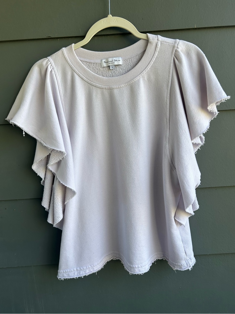 Michael Stars Ariana Flutter Ruffle Short Sleeve Crew Neck Blouse Gray White M